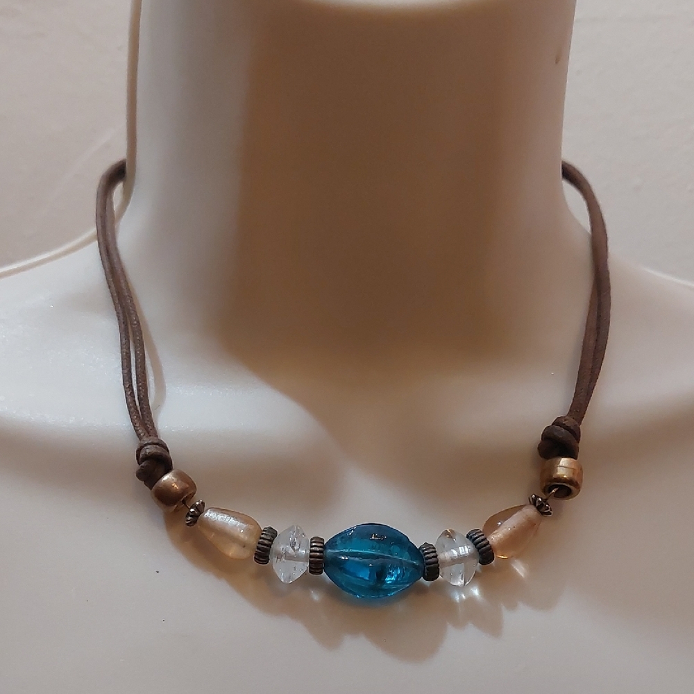 Vintage Artisan Assorted Multicolor Glass Beads on Brown Cording Necklace